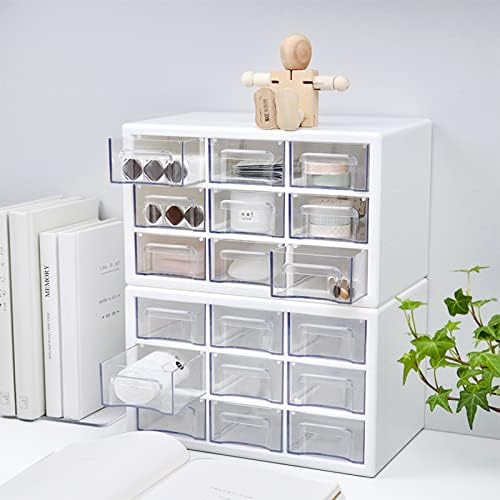 Desk Storage Organizer with 9 Drawers, MYKASEN Clear Plastic Storage Cabinet, Stackable Desk Storage Box for Makeup Office Craft Hardware Art Supplies, 9.8x6.3x5.9inch(White)