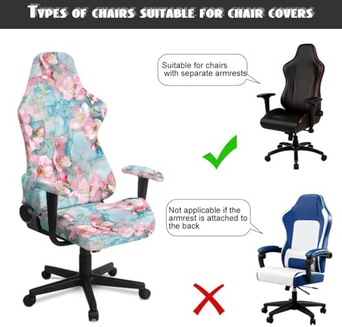 Cherry Blossom Marble Print Gaming Chair Cover for Cats Washable Non Slip Furniture Protector Stretch Gamer Chair Slipcover with Armrest Covers