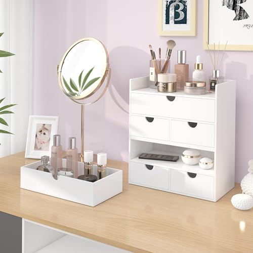 Bamboo Desk Organizer with Drawers Desktop Storage Drawers for Bills Office Supplies Kitchen Utensils Organizing Tool for Home Classroom Organization No Assembly (White)
