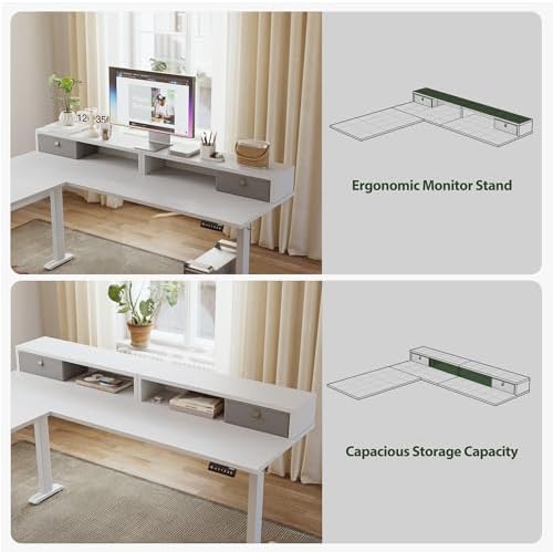 Agilestic 63 Inch L Shaped Electric Standing Desk with Drawer, White