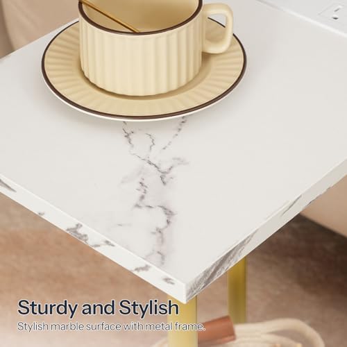 HOOBRO Side Table with Charging Station, End Table with USB Port and Outlet, Nightstand with 2-Layer Storage Shelves for Small Spaces, Living Room, Bedroom, Stable Frame, Gold and Marble DM09UBZ01