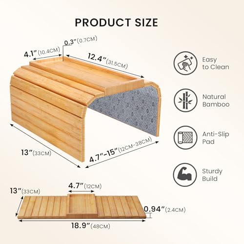 Bamboo Folding Sofa Arm Tray with Anti-Slip Pad (Natural)