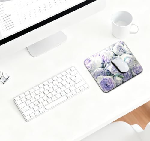 9.5x7.9 Inch Office/Gaming Mouse Pad, Soft Pastel Roses Flowers in A Dreamy Bouquet Floral Purple White Turquoise Cute Anti-Slip Mat for Desk
