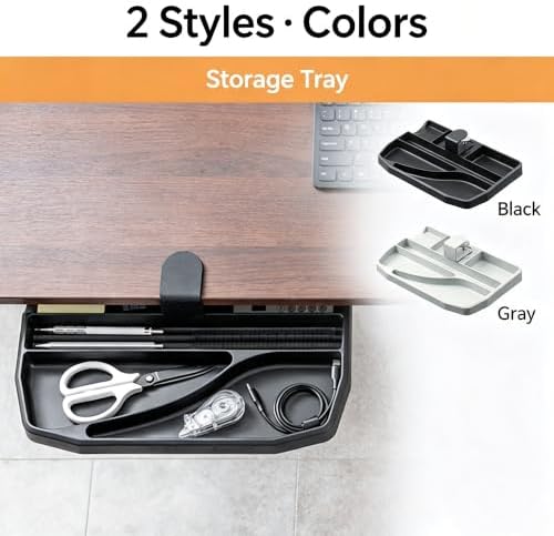 Clamp-On Under Desk Organizer, 360° Swivel Tray & 5-Height Keyboard Tray, No-Drill Mount, Hidden Mouse Pad Storage, Fits 0.59-1.57" Desks, Black/Gray-White, Gray-White, Single Storage Tray