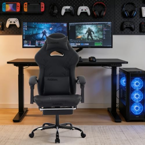 Gaming Chair with Footrest and Massage Lumbar Support, Ergonomic Computer Gamer Chair, Office Video Game Chairs with Adjustable Height and Backrest (Black)