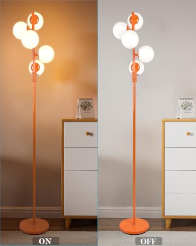 64IN Dimmable Orange Floor Lamp, Tall Standing Lamps with 5 Globe Soft Warm White Eye Care 3000K G9 Bulbs, Mid Century Modern Floor Lamp with 5Lbs Heavy Base for Living Room Bedroom Office