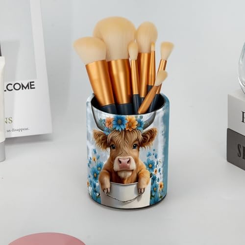 Highland Cow Floral Rustic Pen Holder Pencil Organizer Cute Pencil Cup Desk Decor Makeup Brush Holder PU Multifunctional Office Supplies for Home Classroom School
