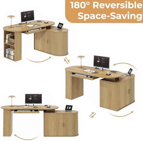 HSH L Shaped Office Corner Desk with Storage Cabinet for Home Oak 60 Inch