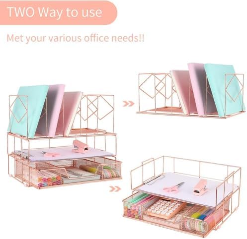 Desk Organizers and Accessories, 2-Tier Desk Organizer with Drawer, Rose