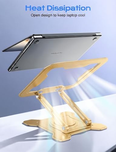 JCZT 360° Rotating Laptop Stand for Desk, Metal Foldable Laptop Riser, Gold