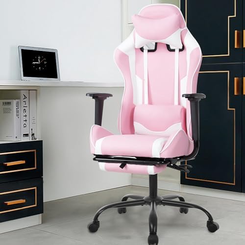 Gaming Chair, High Back PU Leather Gaming Chairs Computer Chair with Headrest & Lumbar Support, Height Adjustable Wide Seat Gaming Chairs for Adults, Game Chair with Footrest & Armrest