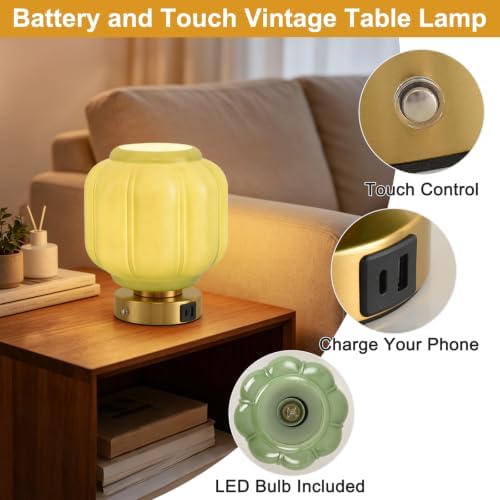 Rechargeable Table Lamp, Cordless Green Glass Bedside Lamp Small
