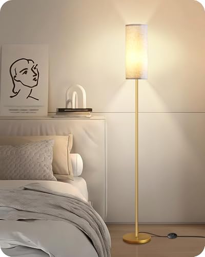 Dimmable Floor Lamps for Living Room with Remote and Foot Switch, 64.4” Modern Standing Tall Lamp, Corner Lamp for Bedroom, Bulb Included, 3000K-6500K, White and Gold, FCC Listed DW06LD05W1