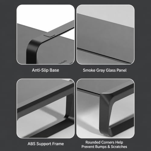 Monitor Stand Riser Smoke Gray Glass Top, Keyboard Storage