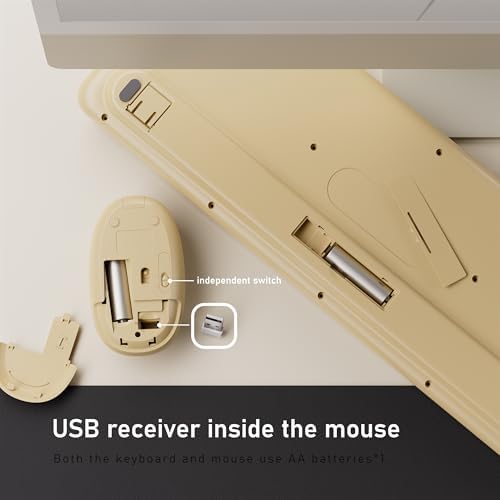 UBOTIE Wireless Keyboard and Mouse Combo, Phone Holder (Milk-Tea)
