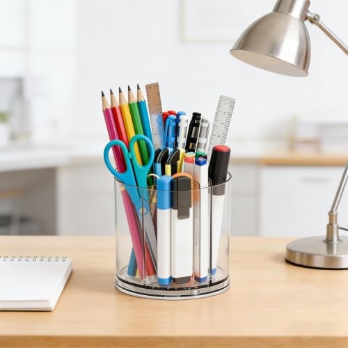 Yieach 360 Rotating Acrylic Clear Pen Holders and Pencil Cups for Desk,Small Cute Desk Organizers Accessories and Makeup Brush Holder,Spinning Pencil Caddy School Supplies Organizer for Teacher,1PCS