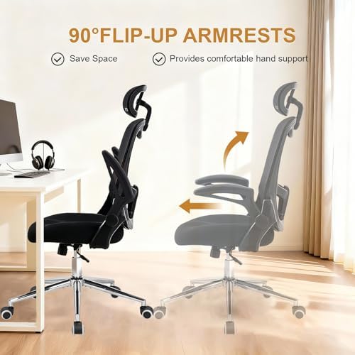 Office Chair, Ergonomic Breathable Mesh Chair,Flip-Up Arms and Adjustable High Back Lumbar Support,Comfy Computer Chair for Home Office (Black/Black, 407)