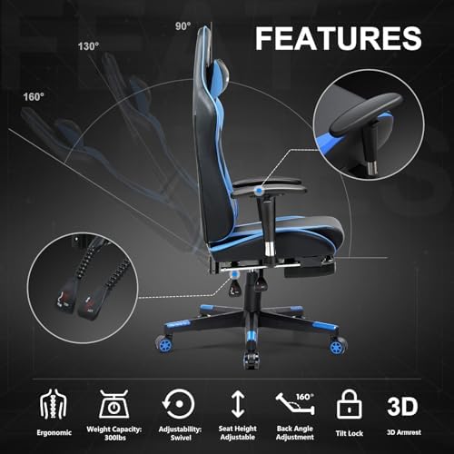 GTPLAYER Gaming Chair with Footrest, Ergonomic Computer Game Desk Chair, Reclining Gamer Chair Seat Height Adjustment, Swivel Rocker with Headrest and Lumbar (Blue)