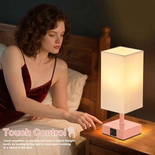 Touch Table Lamp for Bedroom - Dimmable, USB C+A, White Lamphade Pink Base