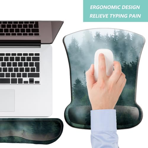 Keyboard Wrist Rest Pad Mouse Pad with Wrist Support Set of 3, Gaming Mousepad with Non-Slip Rubber Base, Ergonomic Memory Foam Mouse Cushion Support for Home Office Laptop Computer, Forest