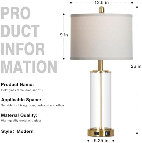 Ruzectt 26" Glass Table Lamp Single, 3-Way Dimmable Touch Control Living Room Lamp with USB C+A Ports & AC Outlet, Modern Bedside Lamps, Bedroom Lamps for Nightstand Side End Table Desk, Gold-1PK