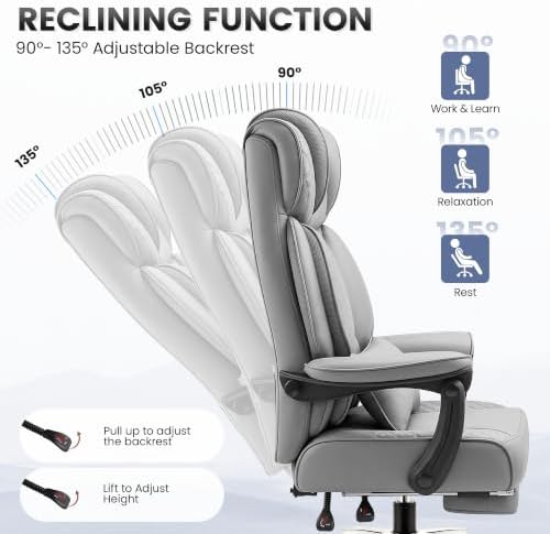 BestGlory Office Desk Chair, Big and Tall Leather Gaming Chair with Footrest, Ergonomic Comfy Executive High-Back Reclining Computer Chairs, Wide Swivel Rolling Wheels and Padded Lumbar Support, Gray
