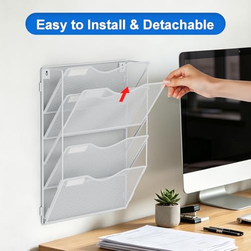 BOHDK Wall File Organizer, Hanging File Folder Organizer, Vertical Mesh Metal Door/Wall Mount Hanging File Holder. Paper Document Magazine Rack with Hooks for Home Office Black (5 Pockets White)