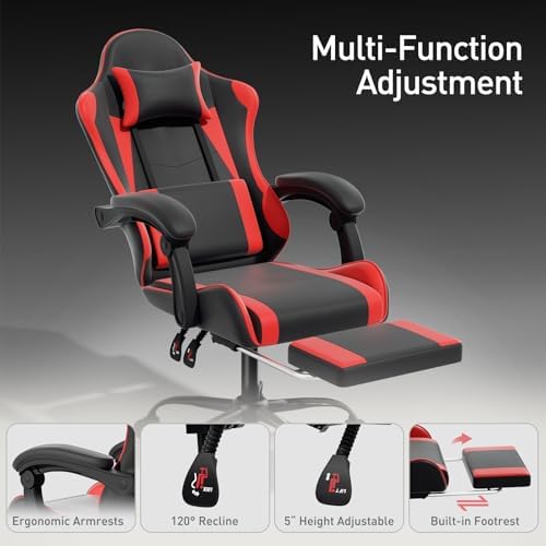MoNiBloom Gaming Chair, with Footrest & Lumbar Support, Height Adjust, Red