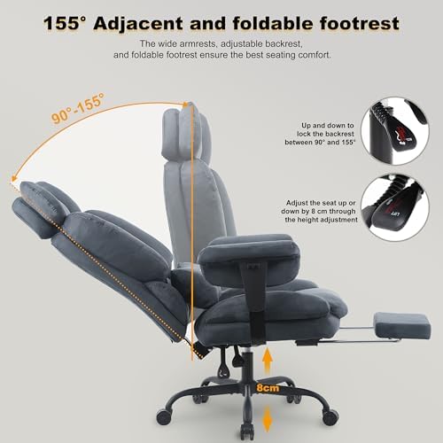 Symino Gaming Chair with Footrest, Up/Down Armrests, Suede Fabric Ergonomic Office Chair, 155° Recline Computer Chair for Desk, Grey