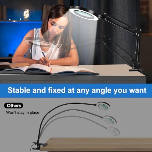 10X Magnifying Glass with Light and Clamp, Real Glass Lens, Adjustable Swing Arm, 3 Color Modes, Stepless Dimming LED Magnifying Lamp for Reading, Crafts, Soldering, Sewing & Close Work