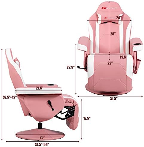 GYMAX Gaming Chair with Footrest, Massage Video Game Chairs for Adults with Remote, Adjustable Backrest, Headrest, Cup Holder & Side Pocket, Ergonomic High Back Office Computer Chair (Pink)