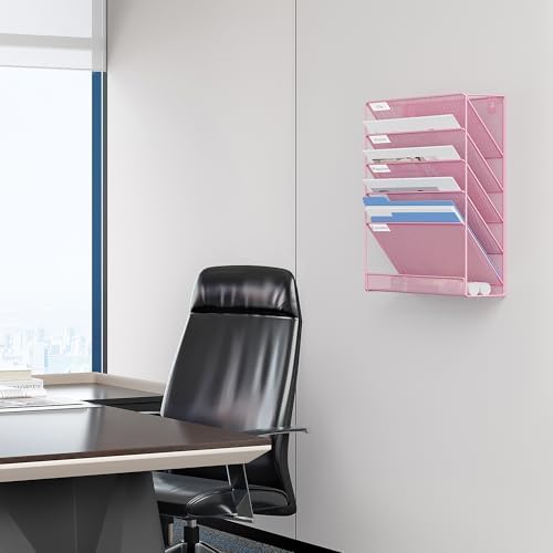 EasyPAG 5 Tier Wall File Holder, Mesh Hanging Folder Organizer with Classify Label, Versatile Desk File Holder, Vertical Wall Mounted Mail Organizer for Office Home Cubicle, Pink