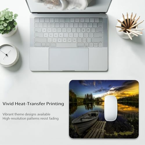Boat at Lake Shore Mouse Pad, Rustic Bridge Wooden Pier Sunset Desk Mat