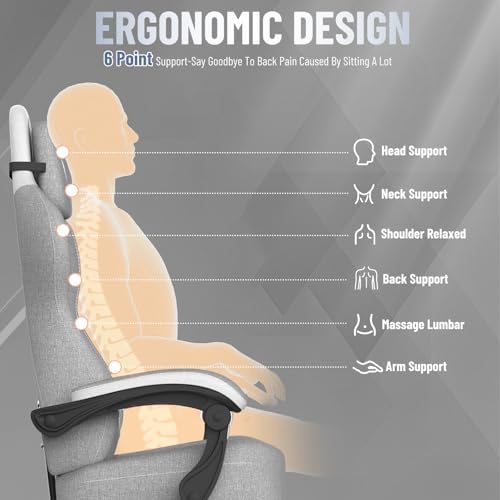 Ferghana Cotton Fabric Gaming Chair – Wider Seat Cushion, Diamond Double-Stitching, Ergonomic High Back with Footrest, Computer Gamer Chair Featuring Massage Lumbar Support for Adults (Gray/White)