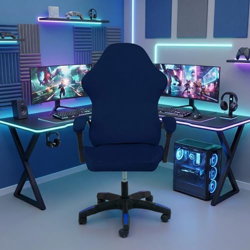 Gaming Chair Cover Set with Armrest Covers, Velvet Stretch Slipcover 1-Piece Form Fit Cover & Chair Armres Covers Included(no Chair) (Navy Blue)