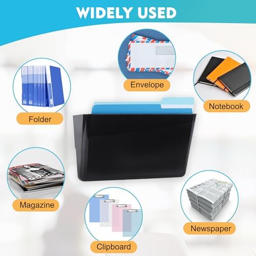 EASEPRES 6 Pack Black Plastic Single Pocket Hanging File Organizer, Wall Mount Paper Mails Magazines Holder, Mounted Folder Bins for Office School and Home, 12.99x4.13x7.48 inches