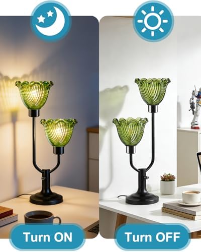 Green Glass Table Lamp for Bedroom Vintage Flower Lamp Dimmable