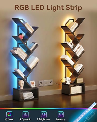 Casaottima Tree Bookshelf with LED Lights, 6-Tier Small Bookshelf, Black