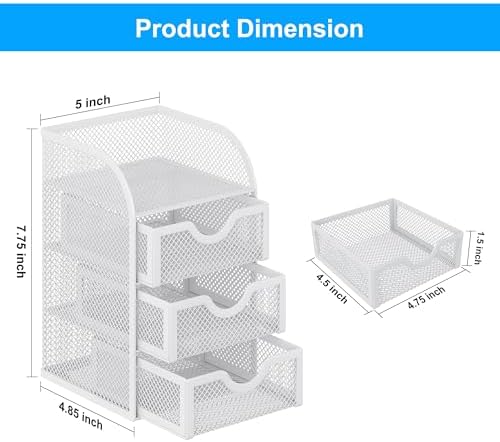 EasyPAG Mesh Desk Organizer with 3 Drawer Office Desktop Organizers and Accessories Stationery Caddy for Office, Home, Students, White