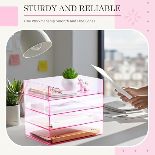 Harloon 4 Tier Paper Organizer Letter Tray Pink Acrylic Desk File Organizer Heavy Duty Stackable Documents Clear Letter Paper Holder Office Tray for A4, Office Classroom Home File Pad Notebooks