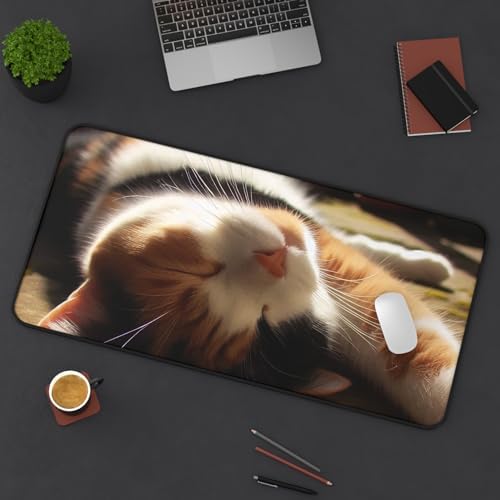 Calico Cat Desk Mat - Stretching Lazily in a Patch of Sun - Premium Rubber Base