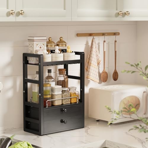 AmazerBath Bamboo Bathroom Counter Organizer, 2-Tier Makeup Organizer with 2 Drawers, Vanity Organizer Storage Coffee Matcha Station, Compact Shelf for Bathroom Kitchen Office Countertop, Black