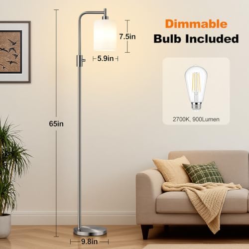 【Upgraded】 Dimmable Floor Lamp for Living Room with Opal Glass Lampshade, Brushed Nickel Modern Floor Lamp with 900LM LED Bulb Included, Standing Tall Lamp for Bedroom, Office, Reading Room, Corner