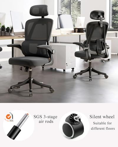 Office Chair Mesh Desk Chair, Ergonomic High-Back Rolling Gaming Work Chairs with Wheels and Adjustable Headrests,Comfortable Flip-up Arms for Home,Bedroom,Study Gaming