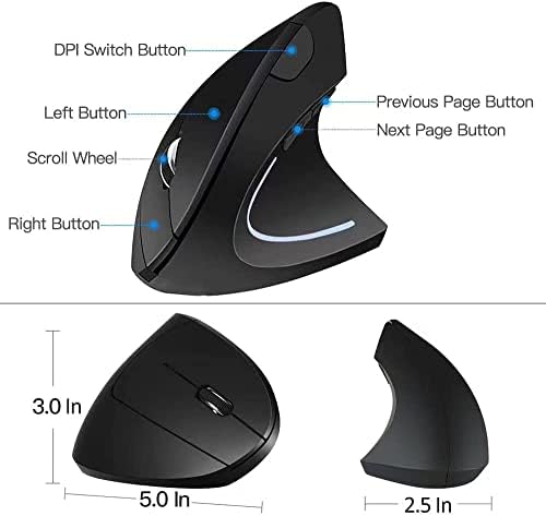 Ergonomic Mouse, 2.4G Optical Wireless Vertical Mouse with 6 Buttons - 3 Adjustable DPI 800/1200/1600 for Laptop, PC, Computer, Desktop, Notebook etc, Specially for Right-handers