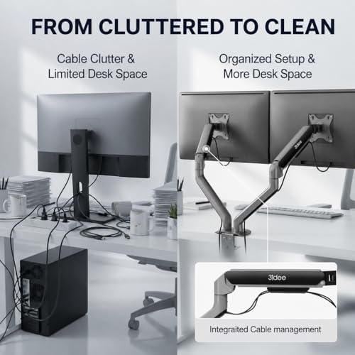 3IDEE FlexiLite Dual Monitor Arm Desk Mount for 17-32" Screens, Holds up to 20 lbs per Monitor, Slim Aluminium Design, Fully Adjustable, Quick Box to Desk Setup, Clamp/Grommet Base, VESA 75/100