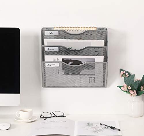EasyPAG Hanging Wall File Organizer, 3 Pocket Wall Mounted Mail Organizer, Vertical Document Folder Holder with Nametag Label, Space Saving Paper Storage Magazine Rack for Office Home School, Silver