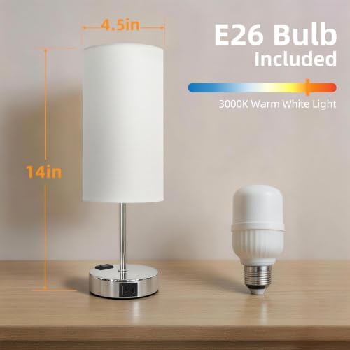 Table Lamp, Dimmable Touch, AC Outlet, USB A+C (White&Silver)