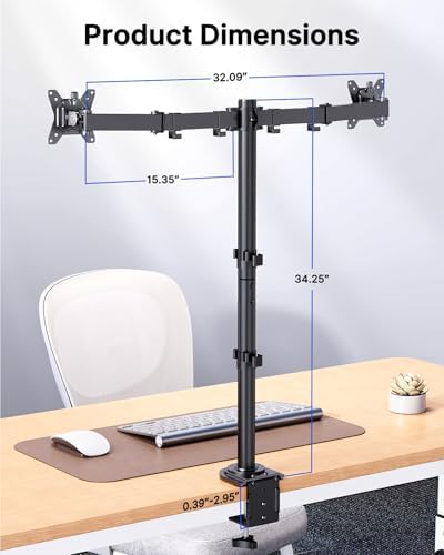 HUANUO Dual Monitor Stand for 13-32 Inch Screens, Tall Pole Desk Mount,Larger Base, Ideal for Sit-Stand Workstations, 22 lbs per Arm, VESA 75x75/100x100mm, Tilt Swivel Rotation, Cable Management