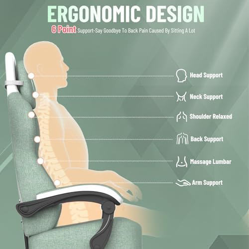 Ferghana Cotton Fabric Gaming Chair – Wider Seat Cushion, Diamond Double-Stitching, Ergonomic High Back with Footrest, Computer Gamer Chair Featuring Massage Lumbar Support for Adults (Green/White)
